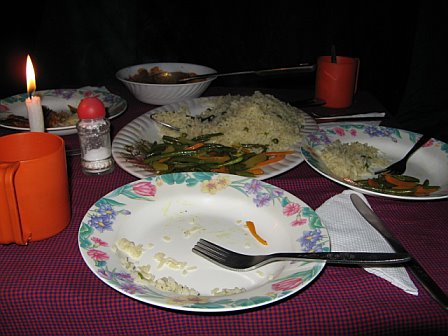 Empty plates and utensils on a table set for a meal, with remnants of food and a candle in the background.
