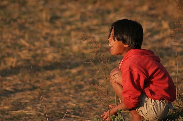 Child crouching in a dry, grassy field during sunset, smiling and looking at something on the ground.
