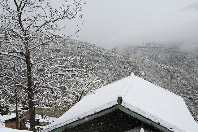 Snow-covered mountain landscape with a cabin roof and leafless tree in winter, emphasizing cold weather and scenic winter travel.