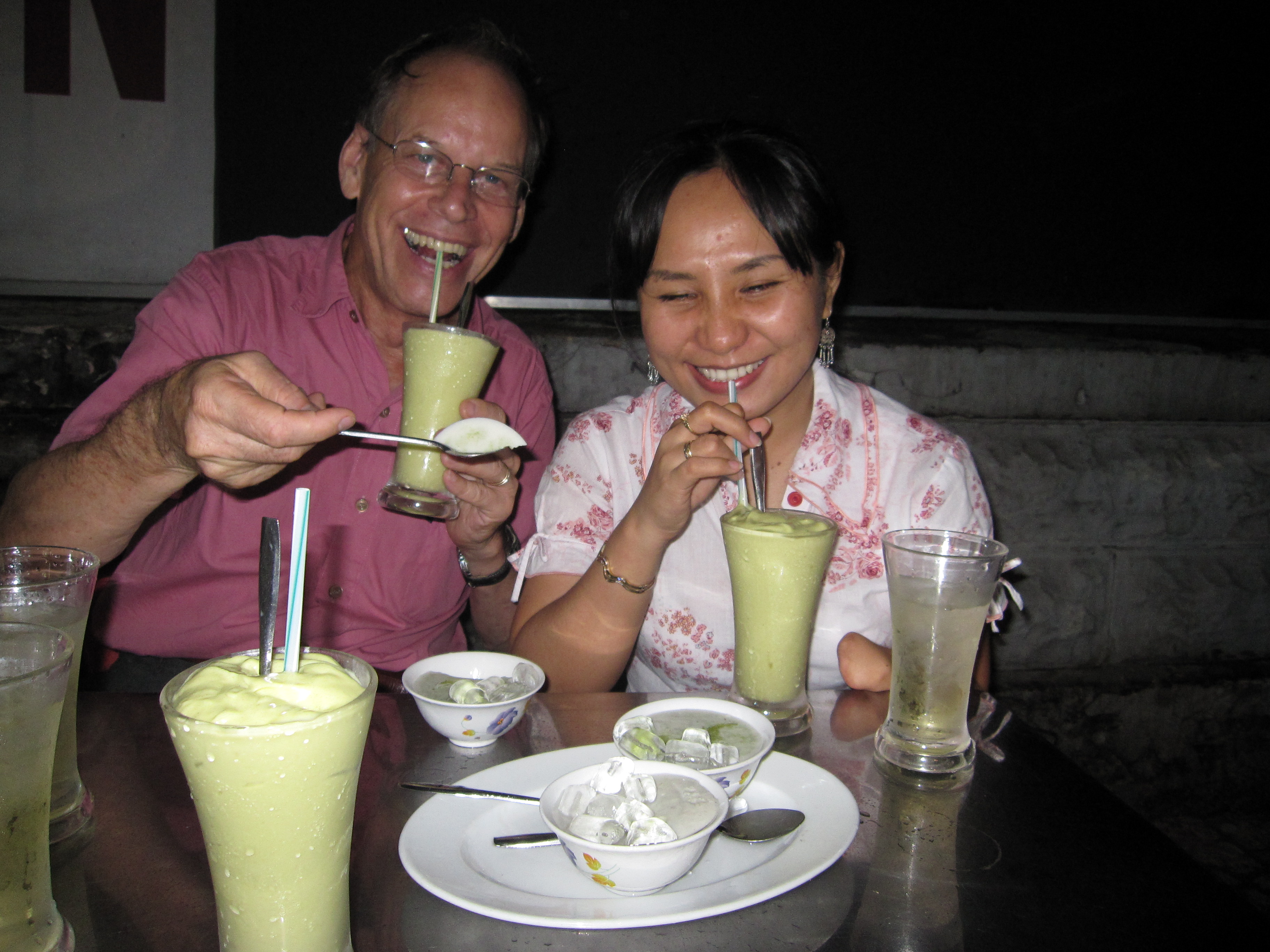 Tuyet and Lee dig into desert - durian/avocado smoothie!