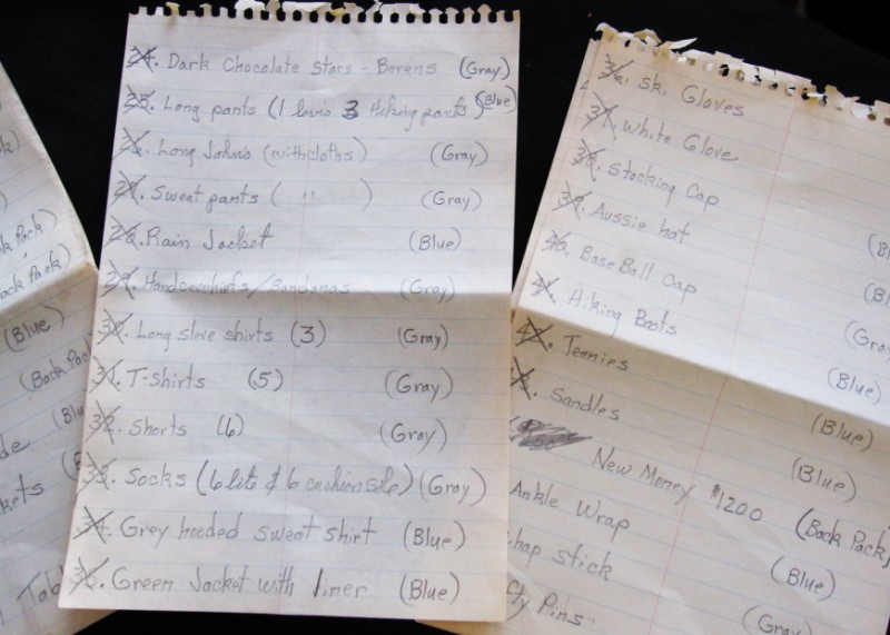 My Dad's packing list - quite thorough!