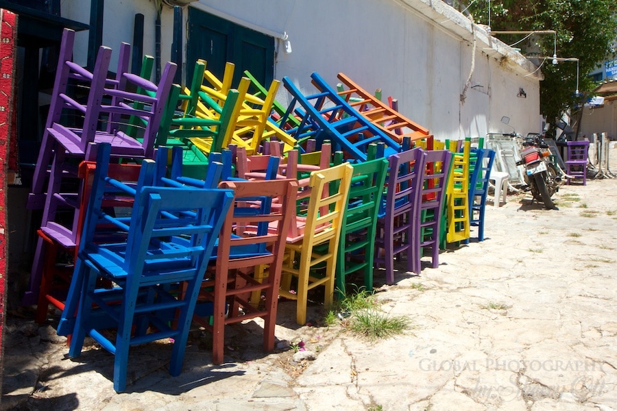 Cafe chairs colorfully stacked in Kas Turkey