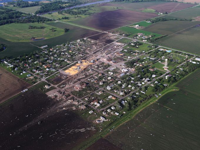 Aerial view of the path of the tornado.  The town is really small and my aunt lived near the bottom left corner where everything was blown out into the fields.