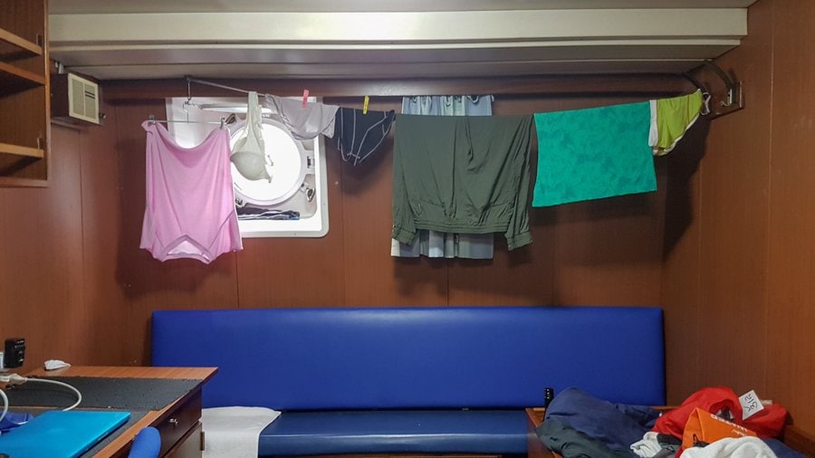clothes on my clothesline in my antarctica cruise ship room