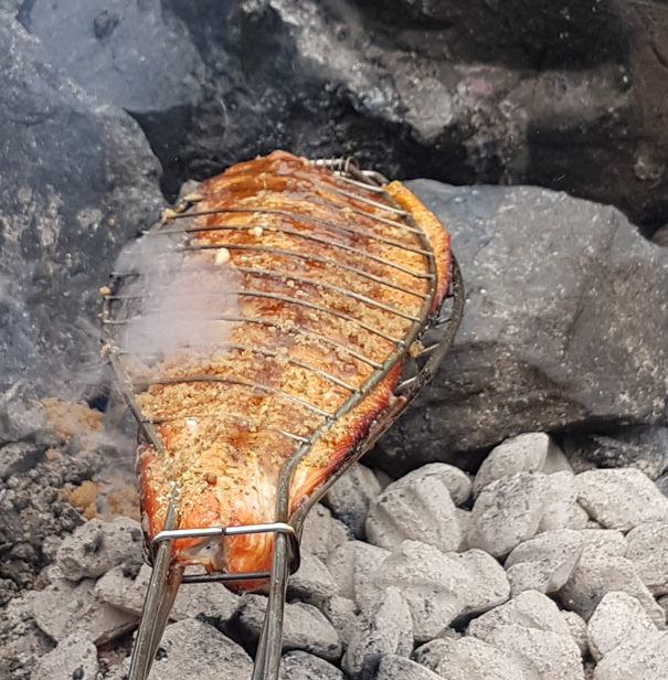 Cooking salmon over fire