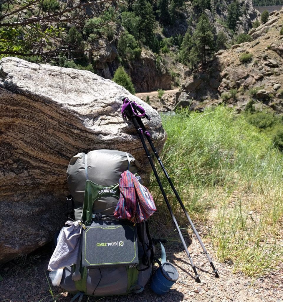 backpack and trekking poles on the Colorado Trail thru hike