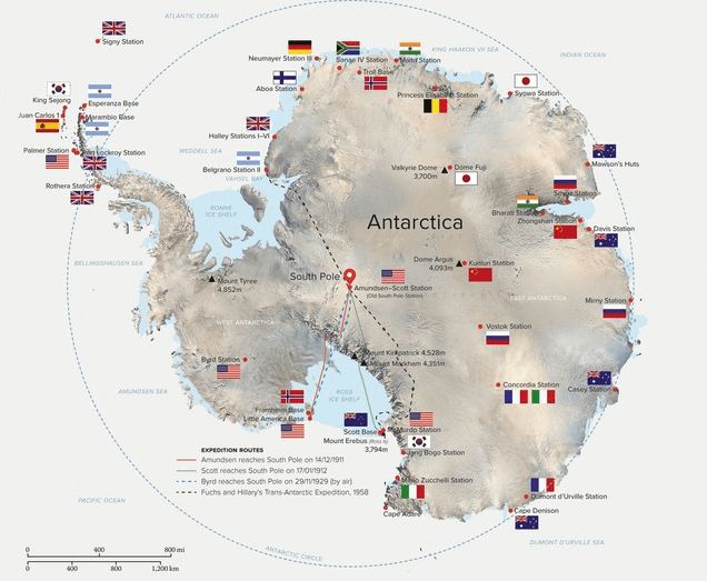 Map of Antarctica research bases by country