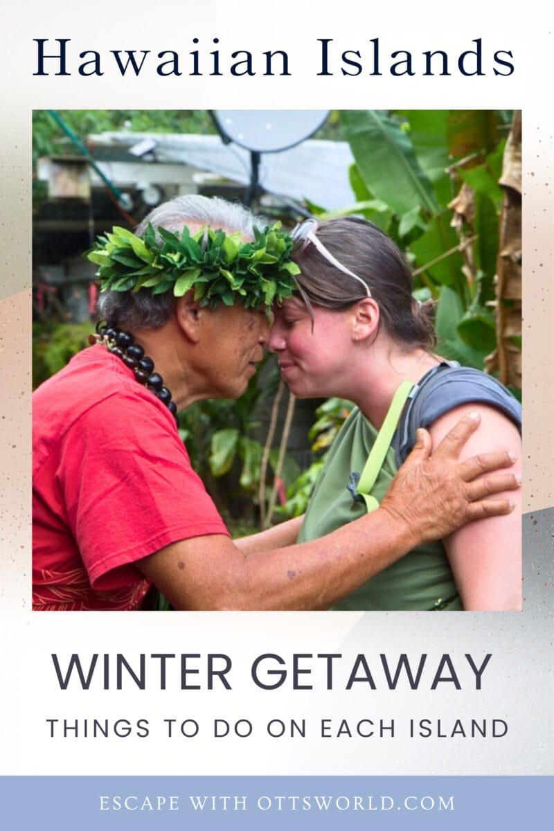 A lush Hawaiian woman and a young traveler share a heartfelt moment amidst tropical greenery, highlighting authentic cultural experiences on Hawaiian Islands during winter travel.