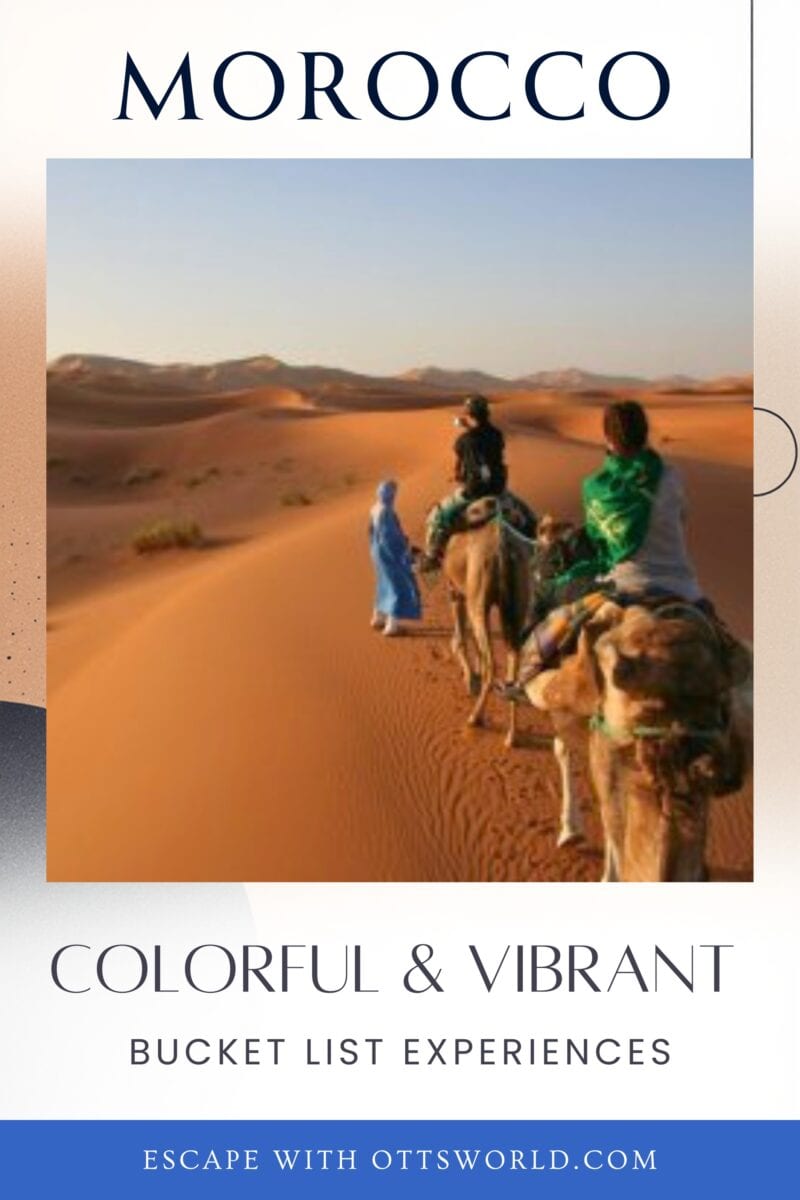 Vibrant desert scene in Morocco with travelers riding camels across golden dunes during sunset, showcasing an adventurous and colorful bucket list experience in North Africa.