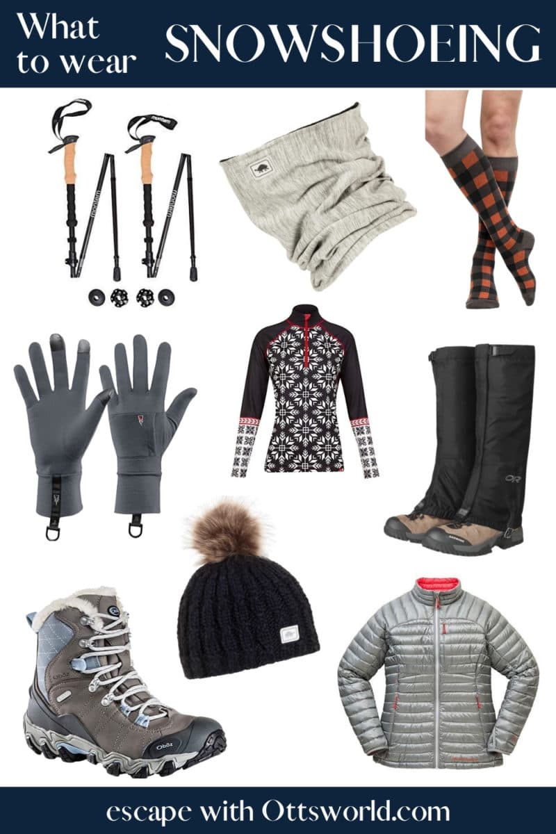 Collage of snowshoeing gear