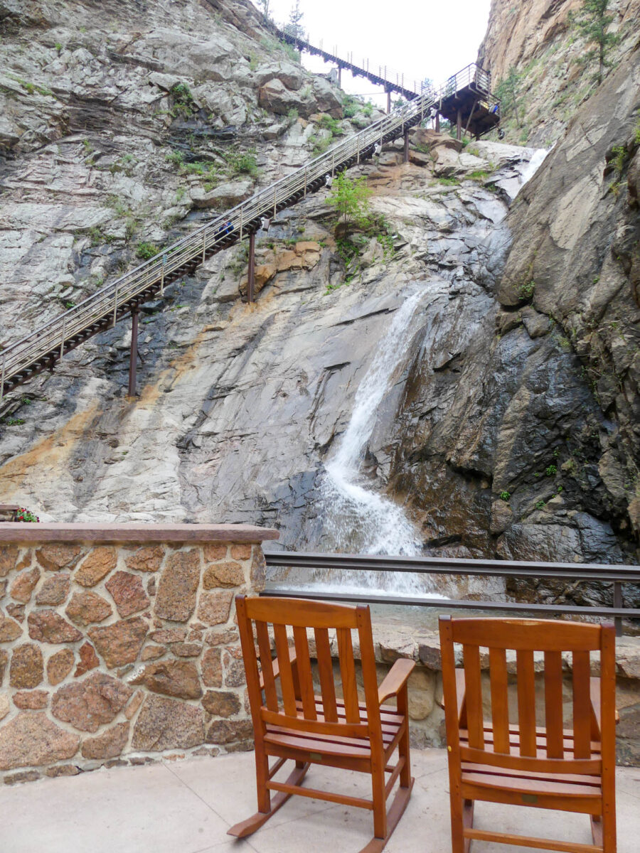 Broadmoor Seven Falls and sitting area - best things to do in Colorado Springs
