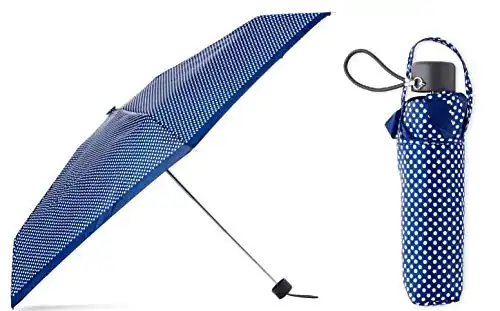 Totes Micro Mini Manual Compact Umbrella, NeverWet technology (Navy Polka Dot)