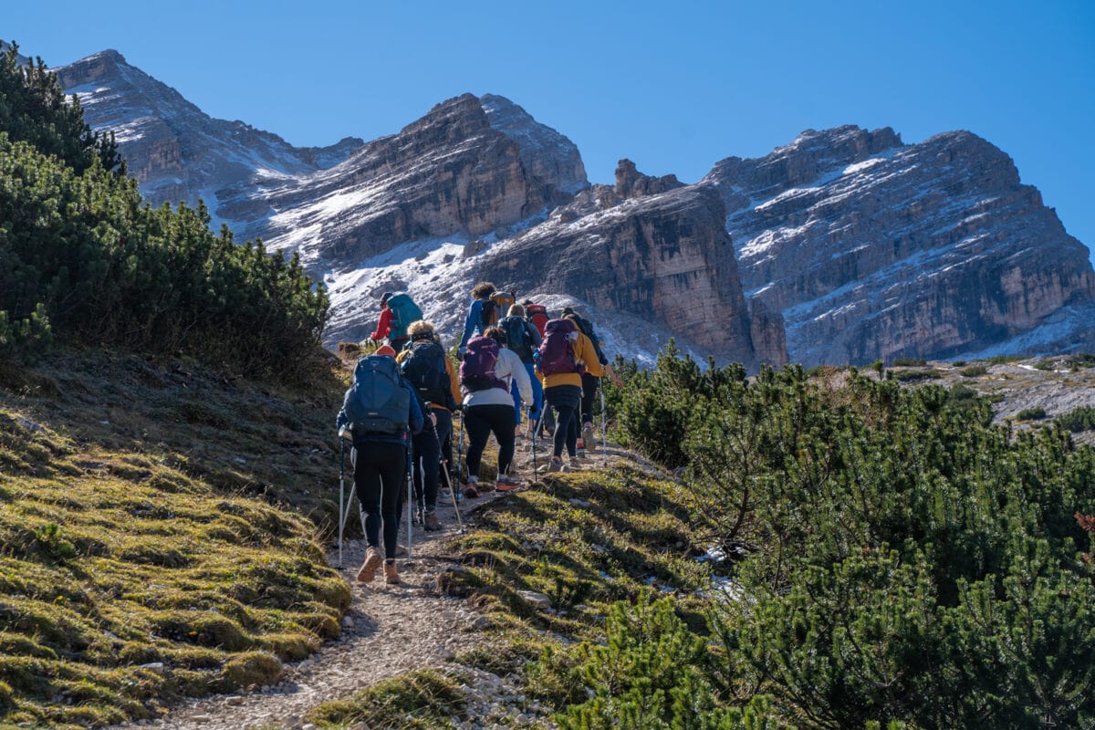 group hiking dolomites italy