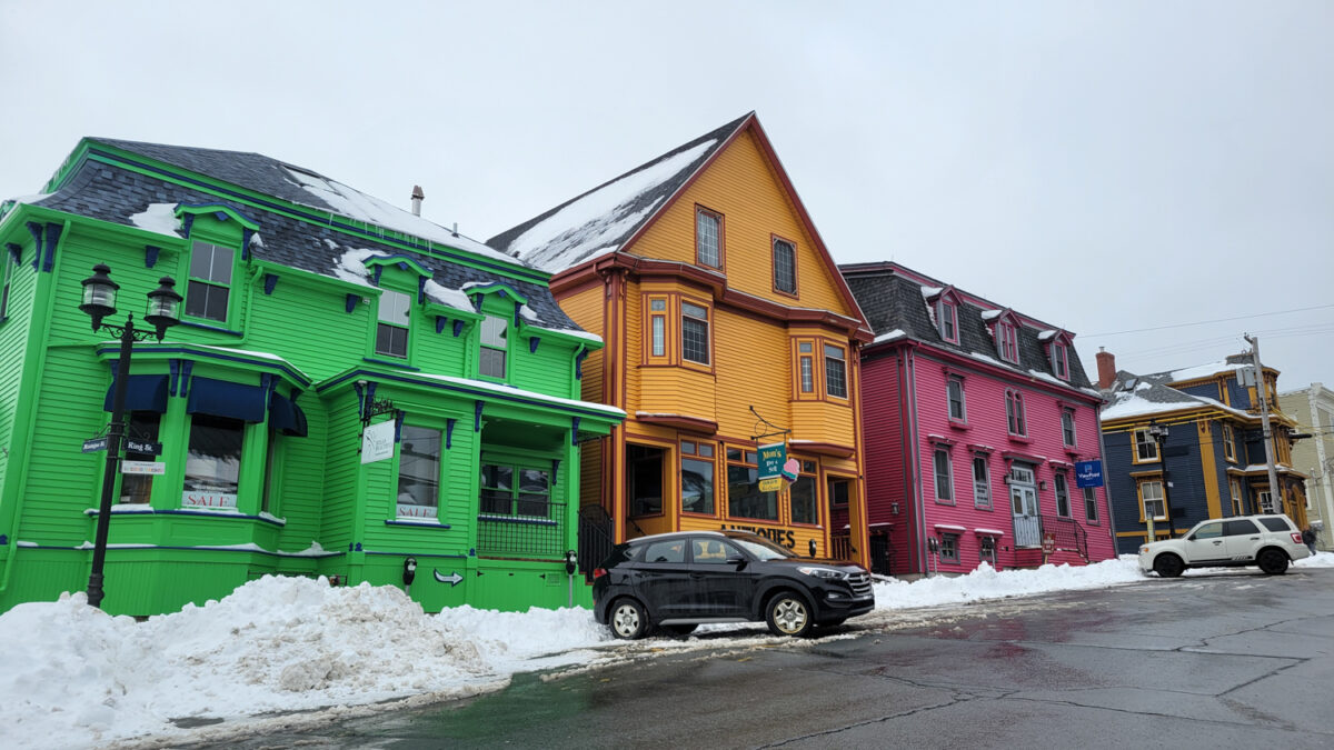 Colorful Lunenburg nova scotia buildings in snow