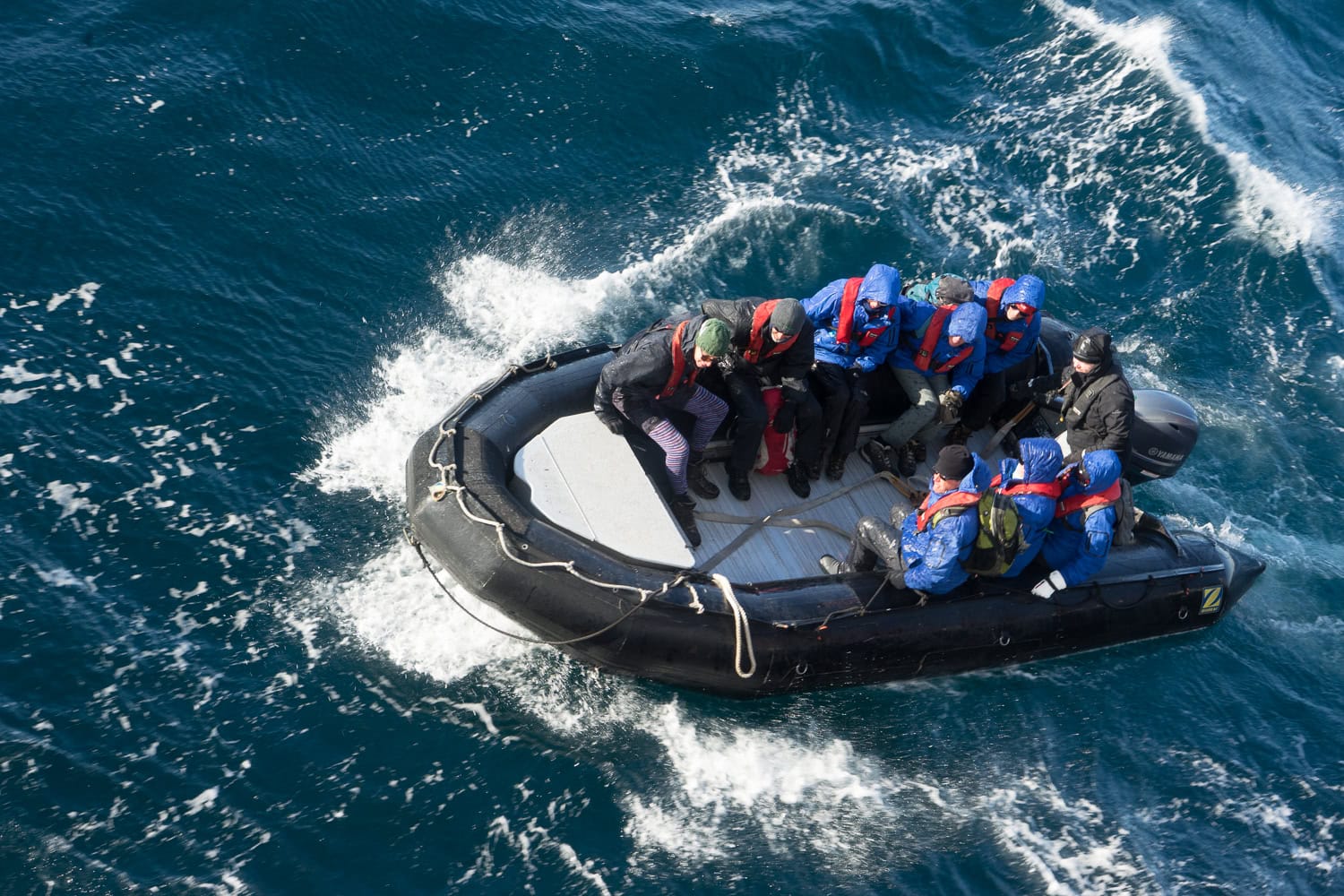 zodiac in rough water in Antarctica