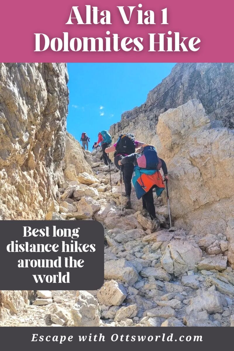 Alta Via 1 Dolomites Hike with group of hikers ascending rocky mountain trail in the Dolomites, Italy, under clear blue sky. Perfect for adventure travel, mountain trekking, and outdoor exploration.