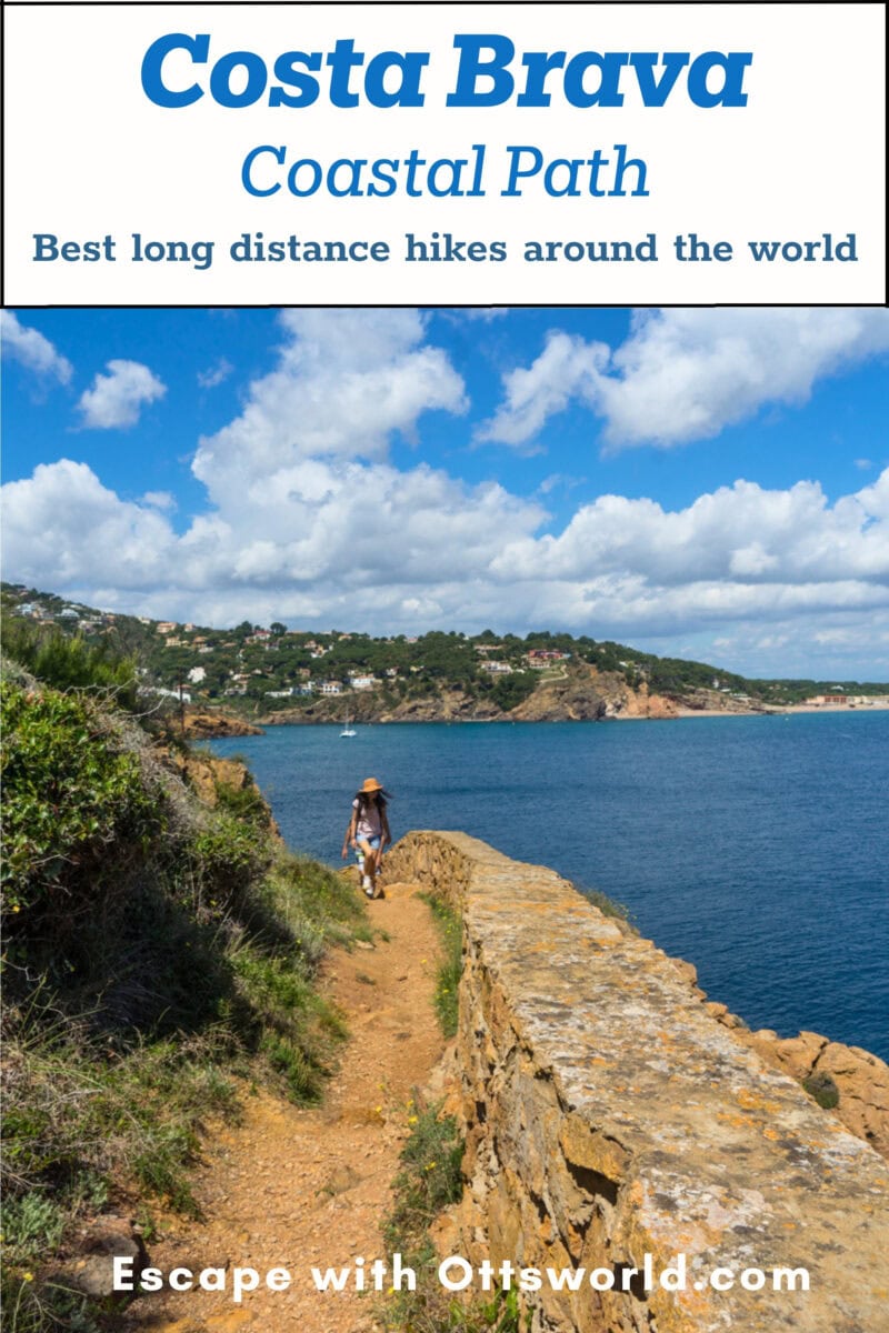A detailed view of a coastal hiking trail along Costa Brava with a hiker walking on a narrow path beside the sea, showcasing scenic cliffs, blue waters, and lush greenery, perfect for adventure travel.