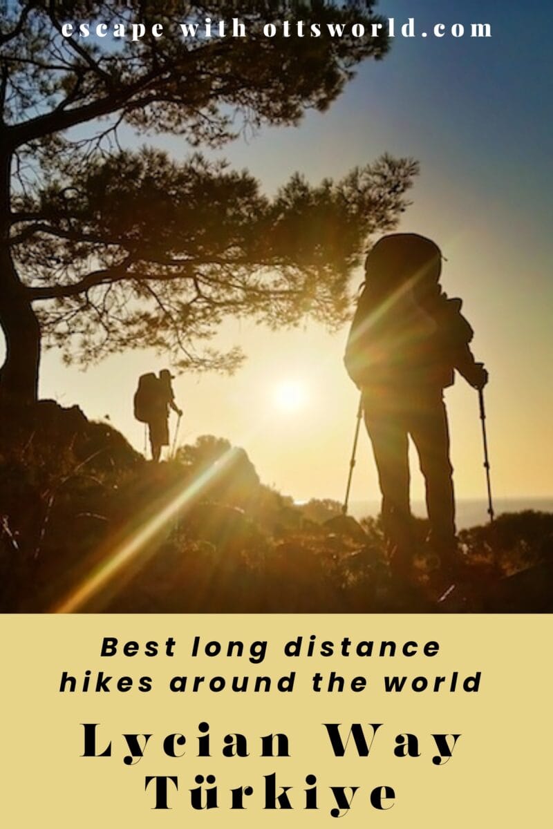 Hiker with trekking poles enjoying a sunset hike on a trail in Turkey, surrounded by trees and nature, promoting long-distance hiking adventures along the Lycian Way.