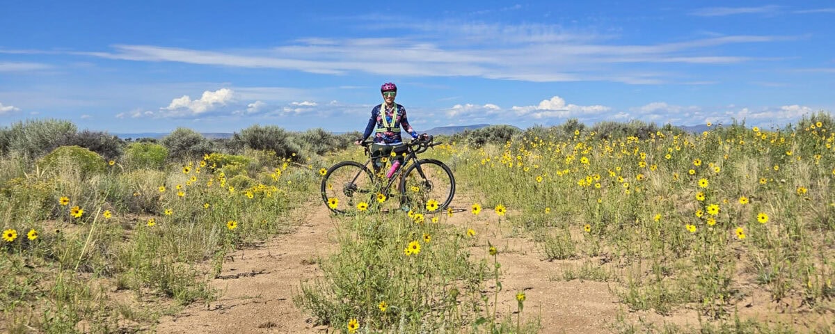 Cyclist riding a mountain bike through a sunny field with yellow wildflowers and blue sky.